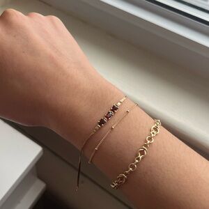 14K solid gold 3 natural garnets flat chain bracelet